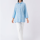 SKY WHISPER SHIRT: Blue, Cotton Textured Fabric, Bead and hand embroidered shirt with collar neck, Full sleeves