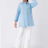 SKY WHISPER SHIRT: Blue, Cotton Textured Fabric, Bead and hand embroidered shirt with collar neck, Full sleeves