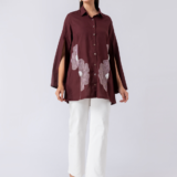 WINE BLOOM SHIRT: Wine, Crepe Fabric, Beaded hand embroidered shirt with collar neck, Asymetrical sleeves