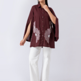 WINE BLOOM SHIRT: Wine, Crepe Fabric, Beaded hand embroidered shirt with collar neck, Asymetrical sleeves