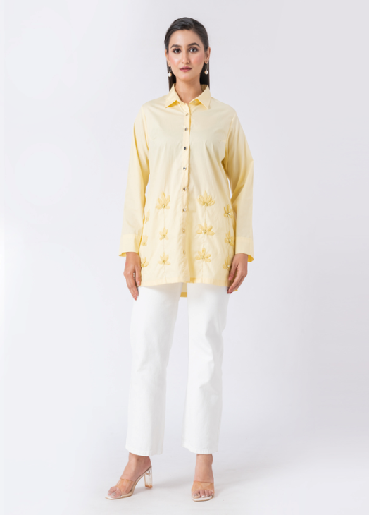 YELLOW SHIRT : Yellow, Cotton Fabric, Applique Beaded hand embroidered shirt with collar neck, Full sleeves