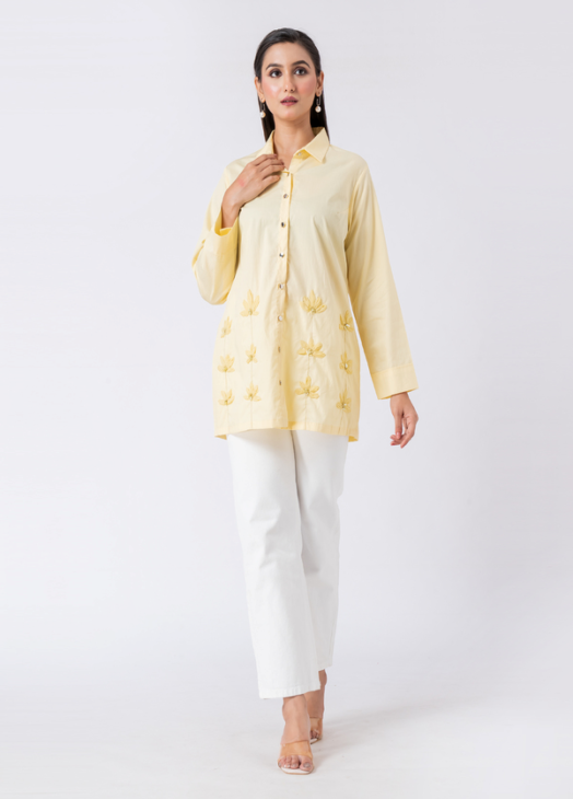 YELLOW SHIRT : Yellow, Cotton Fabric, Applique Beaded hand embroidered shirt with collar neck, Full sleeves